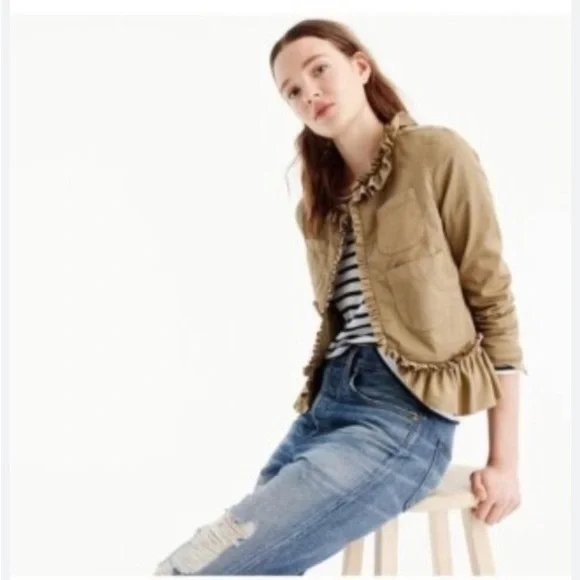 J Crew Tan Frill Peplum Crop Jacket with seersucker lining accents Size 6 - Picture 12 of 12